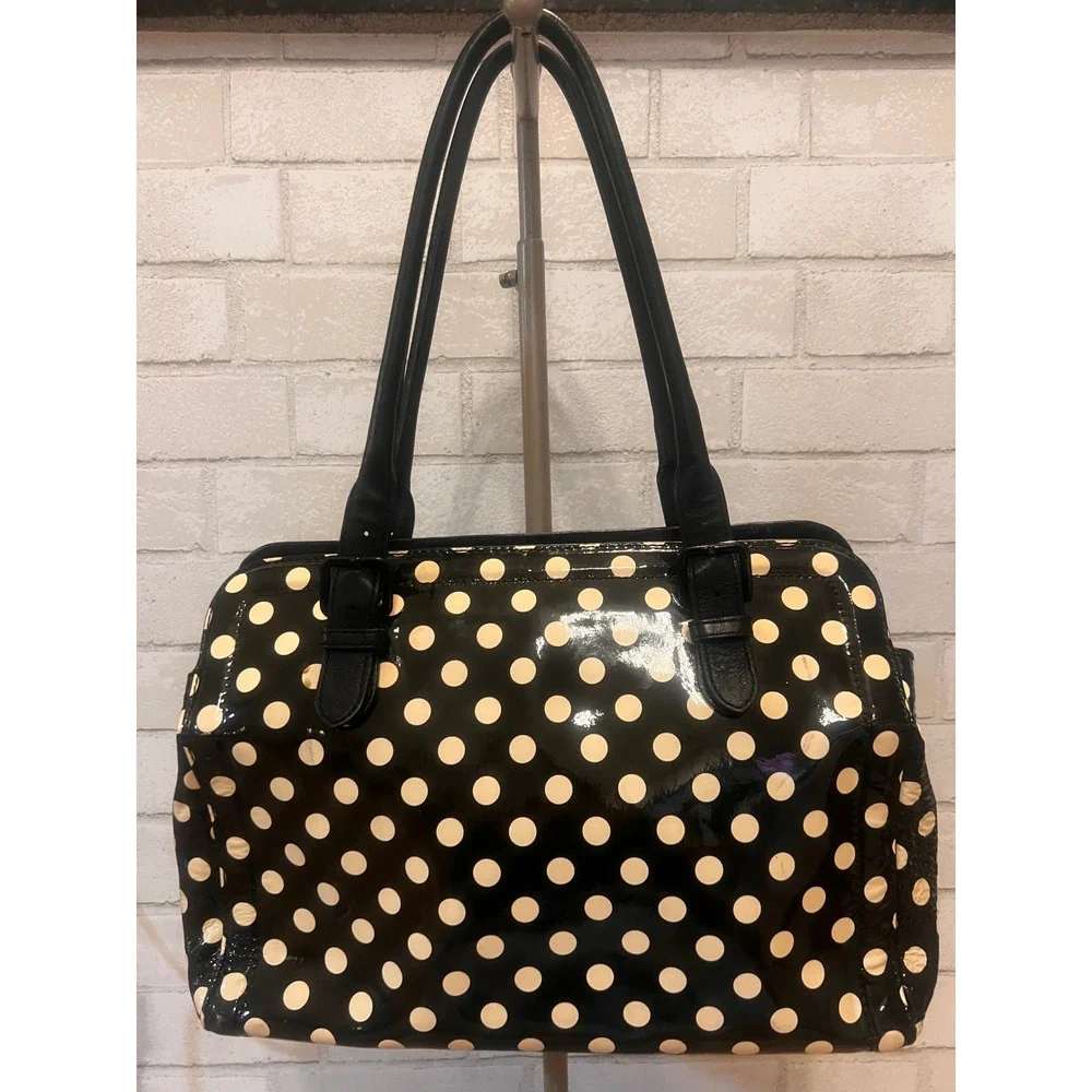 Kate Spade New York Polka Dot Patent Leather Shoulder Bag Black Cream Tote